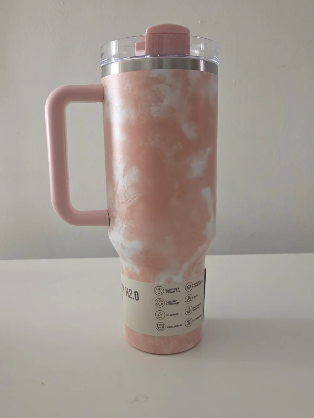 Stanley FlowState Tumbler 40 Oz - Peach Tie Dye With A Pink Lid And Handle